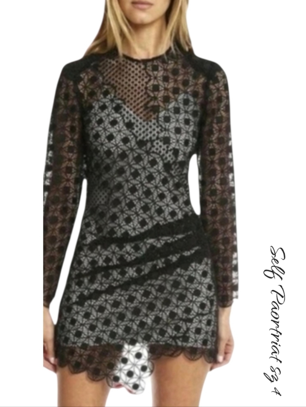 Self-Portrait Black Guipure Lace Asymmetric Mini Dress Long Sleeve 4 NWT